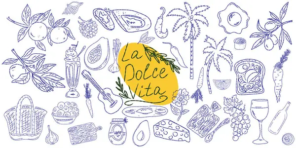 El çizimi yaz yemeği ikonları. Akdeniz la dolce vita. Sketchy kaprisli tarzı