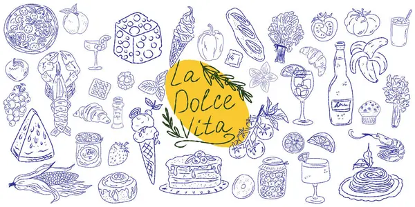 El çizimi yaz yemeği ikonları. Akdeniz la dolce vita. Sketchy kaprisli tarzı