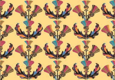 Devedikeni. Dekoratif çiçekler ve folklorik sanat tarzında yapraklarla kusursuz çiçek deseni. Geleneksel motiflerden esinlenilmiş klasik süsleme baskısı.