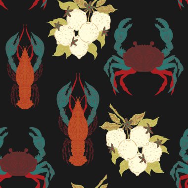 Istakoz, yengeç ve limon dalı. Çizim elementleri ve deniz akdeniz motifleriyle stilize edilmiş düz çizim. Kusursuz desen