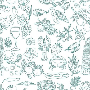 Kusursuz el yazısı yemek ikonları çizilmiş. Akdeniz Dolce Vita 'sı. Sketchy, kaprisli stil.