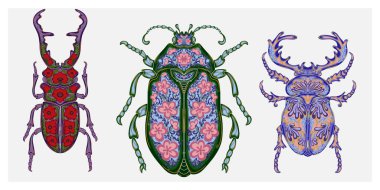 Doğadan esinlenerek Art Nouveau tarzında karmaşık çiçek desenleri olan bir böceğin dekoratif çizimi..