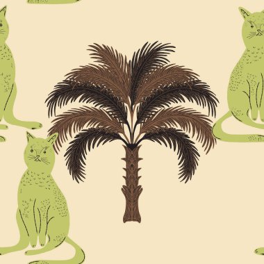 Avuçlar ve kediler. Egzotik, tropik, pürüzsüz desen. Eskiz ögeleri ile modern retro biçimi.