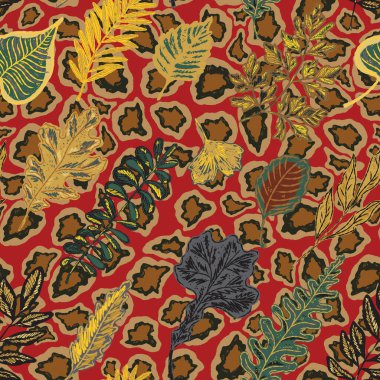 Parlak sonbahar yapraklarıyla kusursuz bir desen. Sevimli tuhaf el çizimi sonbahar yaprakları. Orman doğası. Vektör botanik tasarımı, duvar kağıdı, baskı, ambalaj kağıdı.