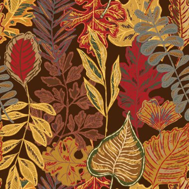 Parlak sonbahar yapraklarıyla kusursuz bir desen. Sevimli tuhaf el çizimi sonbahar yaprakları. Orman doğası. Vektör botanik tasarımı, duvar kağıdı, baskı, ambalaj kağıdı.