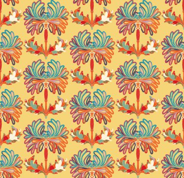 Kusursuz desenli, stilize çiçekler ve folklorik sanat tarzında yapraklar. Geleneksel motiflerden esinlenilmiş klasik botanik baskı. Çağdaş linocut esinlenilmiş süs tasarımı