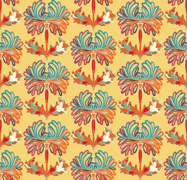 Kusursuz desenli, stilize çiçekler ve folklorik sanat tarzında yapraklar. Geleneksel motiflerden esinlenilmiş klasik botanik baskı. Çağdaş linocut esinlenilmiş süs tasarımı