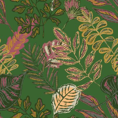 Parlak sonbahar yapraklarıyla kusursuz bir desen. Sevimli tuhaf el çizimi sonbahar yaprakları. Orman doğası. Vektör botanik tasarımı, duvar kağıdı, baskı, ambalaj kağıdı.