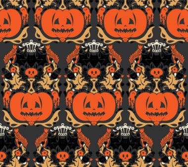 Balkabakları, yarasaları, çiçekli süslemeleri ve tuhaf halk sanatı tarzında ürkütücü dekoratif unsurları olan kusursuz bir Cadılar Bayramı deseni. Mevsimlik tekstil, ambalaj ve tatil tasarımı için mükemmel.