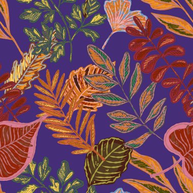 Parlak sonbahar yapraklarıyla kusursuz bir desen. Sevimli tuhaf el çizimi sonbahar yaprakları. Orman doğası. Vektör botanik tasarımı, duvar kağıdı, baskı, ambalaj kağıdı.