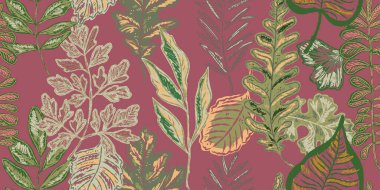 Parlak sonbahar yapraklarıyla kusursuz bir desen. Sevimli tuhaf el çizimi sonbahar yaprakları. Orman doğası. Vektör botanik tasarımı, duvar kağıdı, baskı, ambalaj kağıdı.