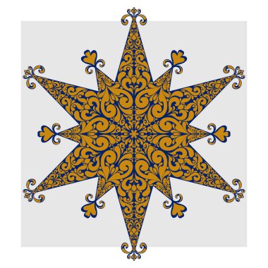 Mavi ve altın desenli dekoratif yıldız mandala deseni. Mavi ve altın desenli, karmaşık çiçek desenli zarif bir dekoratif yıldız. Simetrik mandala desenli halk sanatı