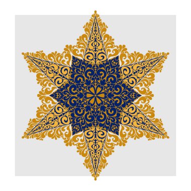 Mavi ve altın desenli dekoratif yıldız mandala deseni. Mavi ve altın desenli, karmaşık çiçek desenli zarif bir dekoratif yıldız. Simetrik mandala desenli halk sanatı