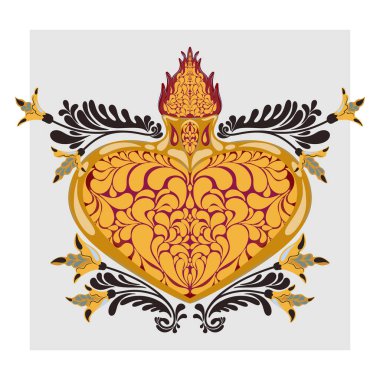 Çiçek desenli dekoratif bir kalp. Kutsal kalp. Sevgililer Günü için romantik vektör tasarımı, aşk kartları ve düğün davetiyeleri.