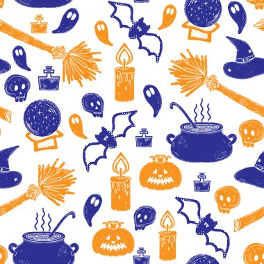 Kusursuz bir Cadılar Bayramı çizimi. Güzel bir sonbahar arka planı, sonbahar duvar kağıdı. Desen, tekstil, kumaş, baskı, ambalaj kağıdı.