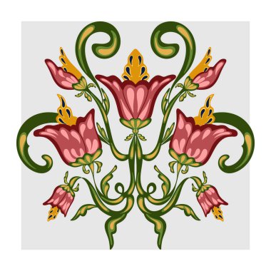 Folk tarzında dekoratif çiçek süsü. Tomurcuk ve yaprak desenli zarif bir illüstrasyon, tasarım ve dekor için etnik folklor Meksika motifi