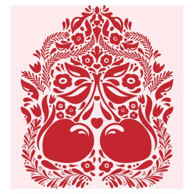 Kirazlı etnik süs, çiçek ve yapraklar halk tarzında. Tasarım, tekstil ve dekorasyon için vektör gösterimi