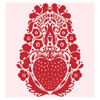 Halk tarzında çilek, çiçek ve yapraklarla süslenmiş etnik bir süs. Tasarım, tekstil ve dekorasyon için vektör gösterimi