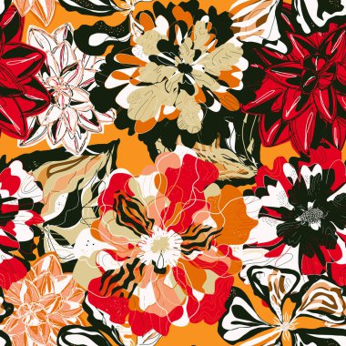 Tropik çiçekler ve yapraklarla biçimlendirilmiş kusursuz desen. Zengin doku ve dinamik şekiller onu tekstil, ambalaj ve iç tasarım projeleri için mükemmel hale getirir.