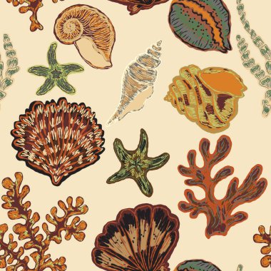 Elle boyanmış deniz kabukları ve dışavurumcu tarzıyla kusursuz deniz yıldızı deseni, dokulu çizgiler ve yaz tasarımları ve kumaşları için sanatsal kıyı atmosferi..
