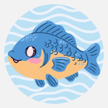 Çizgi film tarzında tatlı kawaii balığı. Çocuk tasarımları, posterler, çıkartmalar ve basılı ürünler için komik deniz karakteri
