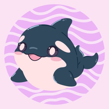 Tatlı kawaii katil balinası (orka) çizgi film tarzında. Çocuk tasarımları, posterler, çıkartmalar ve basılı ürünler için komik deniz karakteri