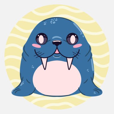 Çizgi film tarzında şirin kawaii deniz aygırı. Çocuk tasarımları, posterler, çıkartmalar ve basılı ürünler için komik deniz karakteri