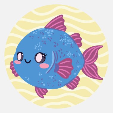 Çizgi film tarzında tatlı kawaii balığı. Çocuk tasarımları, posterler, çıkartmalar ve basılı ürünler için komik deniz karakteri