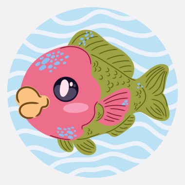 Çizgi film tarzında tatlı kawaii balığı. Çocuk tasarımları, posterler, çıkartmalar ve basılı ürünler için komik deniz karakteri