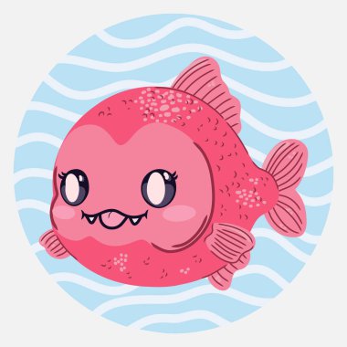 Çizgi film tarzında şirin kawaii piranha. Çocuk tasarımları, posterler, çıkartmalar ve basılı ürünler için komik deniz karakteri