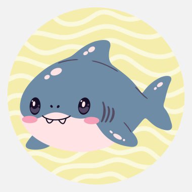 Çizgi film tarzında sevimli kawaii köpekbalığı. Çocuk tasarımları, posterler, çıkartmalar ve basılı ürünler için komik deniz karakteri