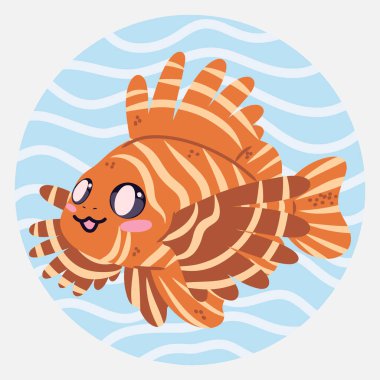 Çizgi film tarzında sevimli kawaii aslan balığı. Çocuk tasarımları, posterler, çıkartmalar ve basılı ürünler için komik deniz karakteri