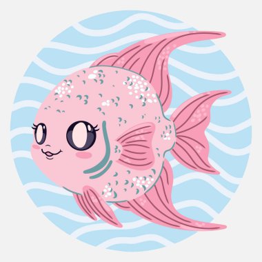 Çizgi film tarzında sevimli kawaii melek balığı. Çocuk tasarımları, posterler, çıkartmalar ve basılı ürünler için komik deniz karakteri