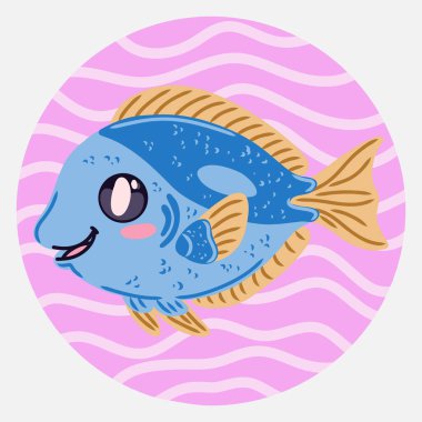 Çizgi film tarzında tatlı kawaii balığı. Çocuk tasarımları, posterler, çıkartmalar ve basılı ürünler için komik deniz karakteri
