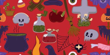 Çizgi film stilinde şirin Cadılar Bayramı elementlerinin kusursuz deseni: balkabakları, kafatasları, mumlar, kazan, cadı şapkası, örümcek ağı ve diğer tatil özellikleri