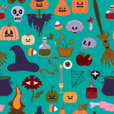 Çizgi film stilinde şirin Cadılar Bayramı elementlerinin kusursuz deseni: balkabakları, kafatasları, mumlar, kazan, cadı şapkası, örümcek ağı ve diğer tatil özellikleri