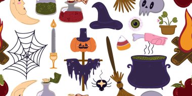 Çizgi film stilinde şirin Cadılar Bayramı elementlerinin kusursuz deseni: balkabakları, kafatasları, mumlar, kazan, cadı şapkası, örümcek ağı ve diğer tatil özellikleri