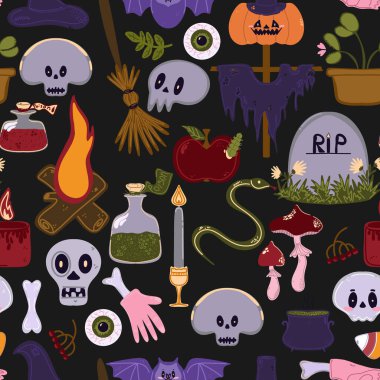 Çizgi film stilinde şirin Cadılar Bayramı elementlerinin kusursuz deseni: balkabakları, kafatasları, mumlar, kazan, cadı şapkası, örümcek ağı ve diğer tatil özellikleri