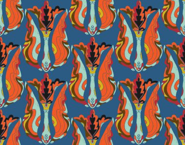 Dekoratif çiçekler ve folklorik sanat tarzında yapraklarla kusursuz çiçek deseni. Geleneksel motiflerden esinlenilmiş klasik süsleme baskısı. Tekstil, duvar kâğıtları ve kırtasiye malzemeleri için mükemmel..