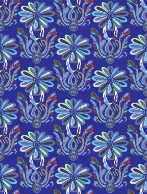 Dekoratif çiçekler ve folklorik sanat tarzında yapraklarla kusursuz çiçek deseni. Geleneksel motiflerden esinlenilmiş klasik süsleme baskısı. İskandinav tarzı, etnik motif