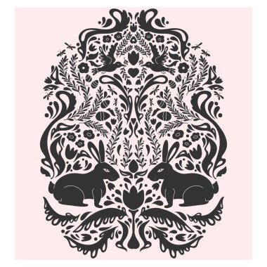 Hares and rabbits. Folk-style pattern, symmetrical, detailed vector element. Rustic, Scandinavian style, folk painting.