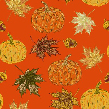 Balkabakları kusursuz desen, deniz motifleri. Çizim stili elementlerle el çizimi, sonbahar deseni. Masal için duvar kağıdı, arkaplan, yazdırma