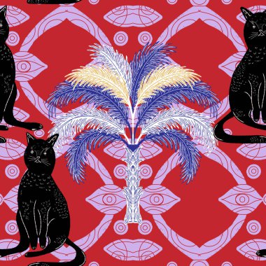 Avuçlar ve kediler. Egzotik, tropik, pürüzsüz desen. Eskiz ögeleri ile modern retro biçimi.