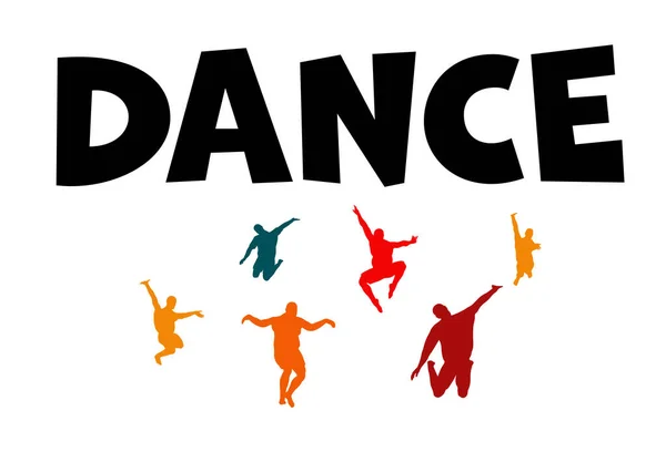 Silhuetas Coloridas Divertindo Frente Texto Dança —  Vetores de Stock