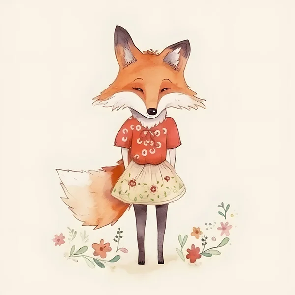 Cute Fox Red Blouse Beige Skirt Flowers Boho Style Beige — Stock Photo, Image