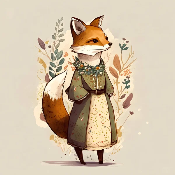 Cute fox in smart clothes, boho style, on a beige background