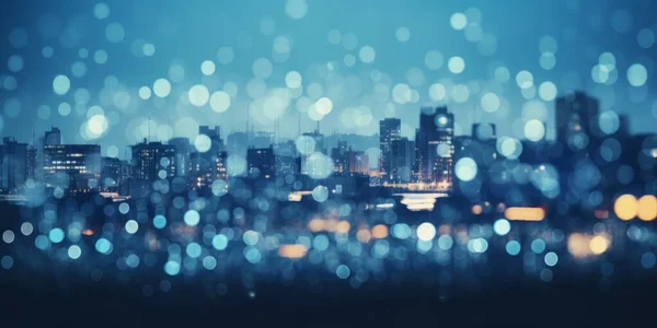 City blue blurred lights background, after rain, abstract blue background, city lights, bokeh