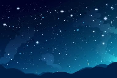 Siluet dağları, ağaçlar ve gökyüzündeki yıldızlarla gece mavisi manzarası.
