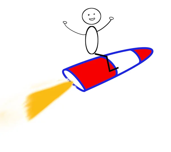 stock image Stick figure flies on rocket: