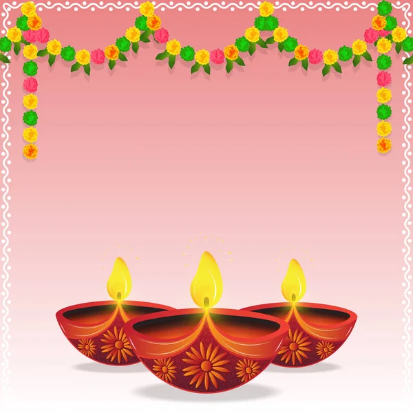 花やマンゴーの葉を持つ伝統的なインドの花のガーランド 3つのオイルランプ宗教の背景 バナーポスターグリーティングカードのテンプレート — ストックベクタ